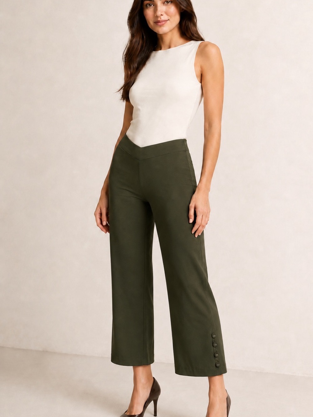 High-Rise Olive V-Waist Wide Leg Capris